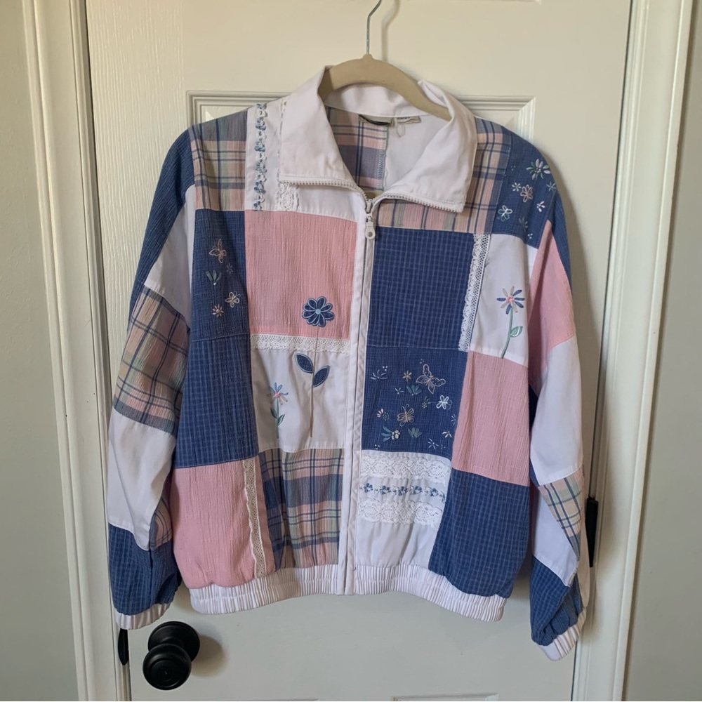 Vintage Koret City Blues Blue White & Pink Lightweight Patchwork Jacket Pit 21”